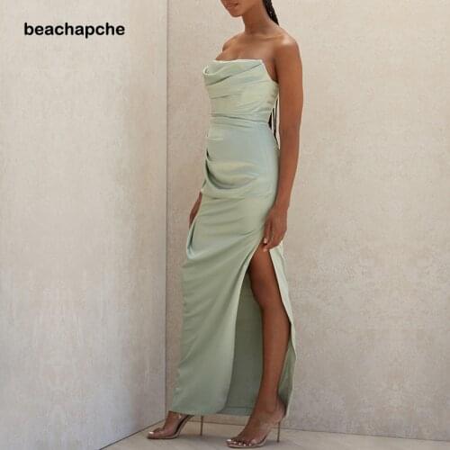 Beachapche Strapless Satin High Slit Green Dress Women Sexy Sleeveless Pleated Evening Long Dress Elegant Bandage Party Dress