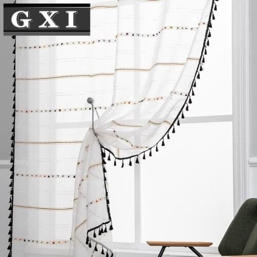 Striped White Tulle Voile Tassel American French Windows Sheer Screen Custom For Bedroom Bay Window Kitchen Finished Curtain