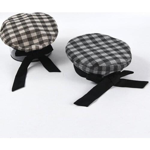 Berets Women Plaid Print Beret Hat Female Retro Bow-tie Cotton Painter Hats Ladies Spring Hats