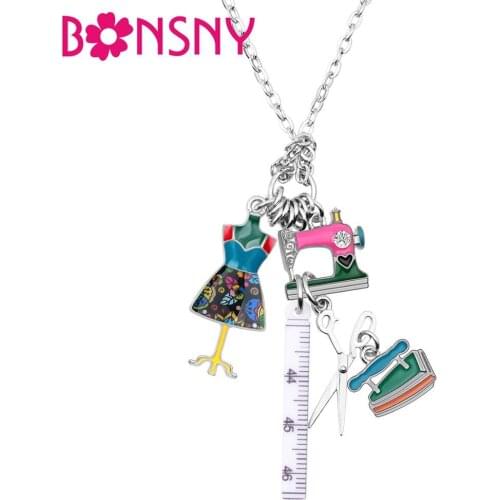 Bonsny Statement Chain Enamel Tailor Sewing Machine Scissors Ruler clothes Necklace Pendant Fashion Jewelry For Women 2018 Gifts