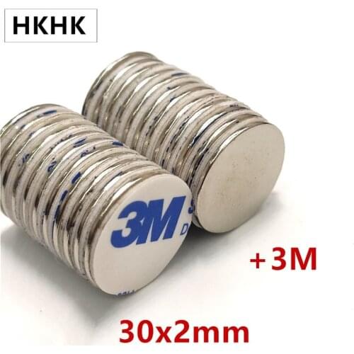 10/20pcs/lot Disk magnet 30x2 N52 Strong Disc NdFeB Magnet 30*2 Belt with 3M self - adhesive Neodymium Magnets for speaker