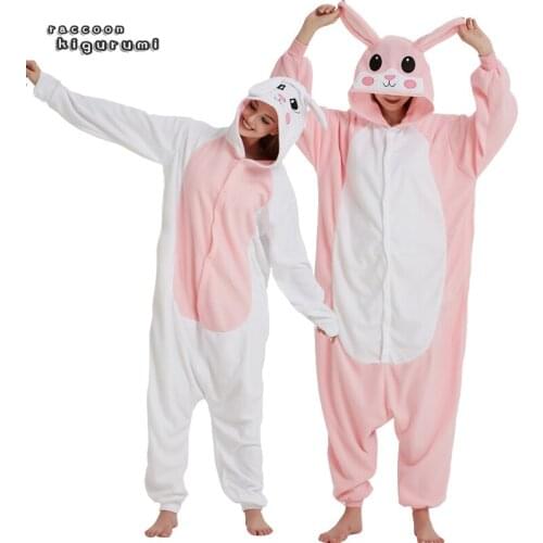 Unisex Animal Little White Rabbit Fleece Onesie Boy Girl Cartoon Cosplay Winter Pajama Raccoon Kigurumi Adult