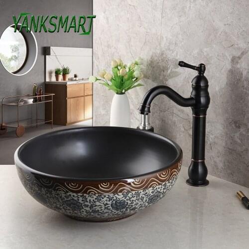 YANKSMART Bathroom Ceramics Round Washbasin Sink With Pop-up Drain + ORB Single Handle Faucet Combo Set Deck Mounted Tap