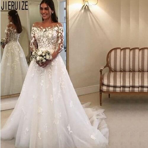 JIERUIZE Lace Appliques Luxury Wedding Dresses Long Sleeves Buttons Back Wedding Bridal Gowns vestido de noiva