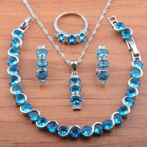 Best Gift For Women Jewelry Sets Wedding Jewelrry Sky Blue Cubic Zirconia Earrings And Necklace Ring Bracelet Set JS0159