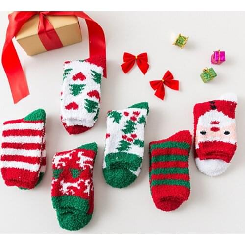 Anewmorn Christmas Socks Womens Cute Elk Santa Claus Warm Coral Fleece Unisex Socks Thickened Winter Kawaii Stripe Floor Socks