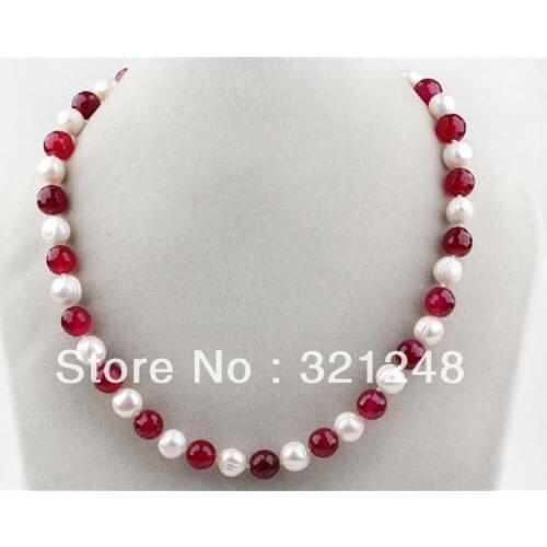 7-8mm White Freshwater Pearl Red 8mm chalcedony jades Round Beads Necklace for women jewelry making 18inch MY2321
