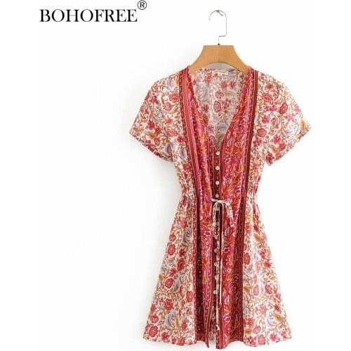 V-neck Rayon Cotton Short-sleeved Printed Holiday Dress Woman Age Reduction Lace-up Button Mini Dress Falda Corta