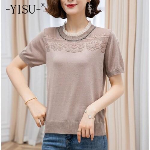 YISU 2021 Casual Knitted Sweater Women Loose Jumper Summer Female Pullover O neck Lace Short sleeve Solid color sweater