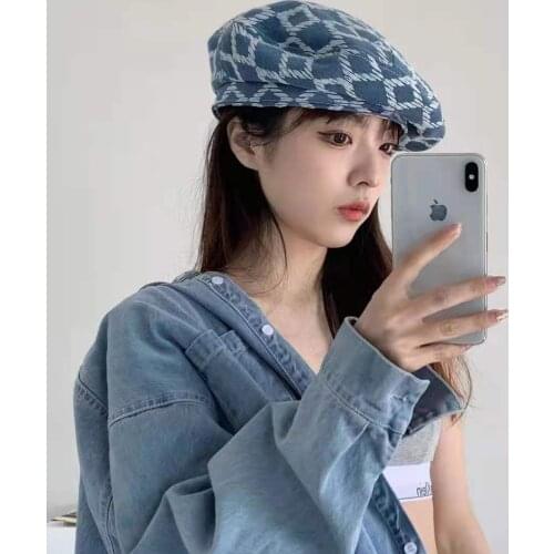 Retro Fashion Embroidered Plaid Beret Female Spring and Autumn Japanese Round Face Summer Blue Denim Thin Painter Hat Fashion