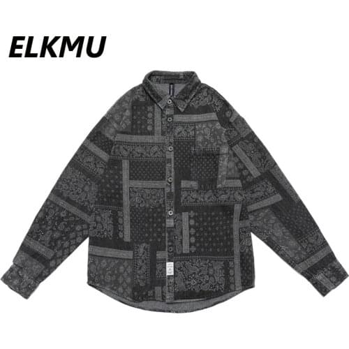 ELKMU Streetwear Harajuku Bandana Paisley Pattern Shirts Men Autumn Jackets Long Sleeve Shirt Oversized Unisex Loose Tops HM558