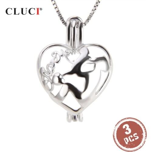 CLUCI 3pcs Silver 925 Charms Pendant for Mother Fine Jewelry 925 Sterling Silver Heart Shaped Pearl Locket Pendant SC236SB