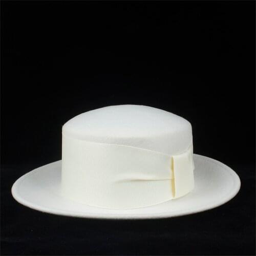 2019 100% Wool Authentic Women Flat Top Hat With Ribbon Fedora Hat For Elegant Lady Wide Brim Church Hat Fascinator Jazz Hat