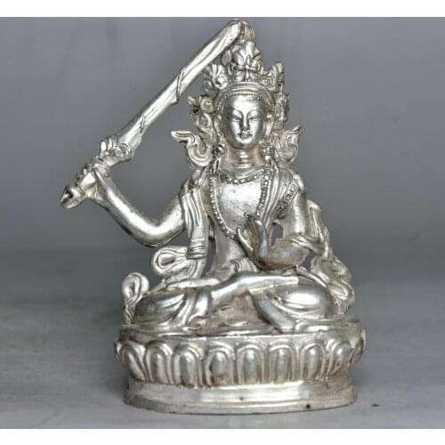 3.8" Old China Silver BuddhIsm Wenshu Manjushri Kwan-yin Guan Yin Goddess Statue