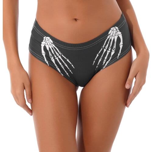 Sexy Women Girl Fashion Hand Skeleton Printed Panties Underwear Low Waist Briefs Elastic Waistband Bikini Swimming Briefs Bottom
