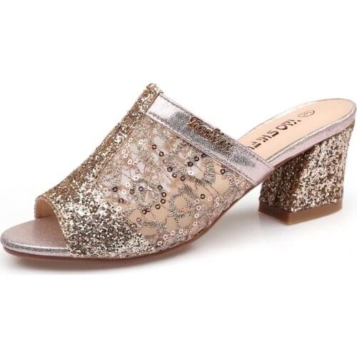 2021 Elegant Women Pumps Breathable Mesh Slippers Shiny Gols Fashion Ladies Square Heel Slip-on Female Office Dress Shoes Hot