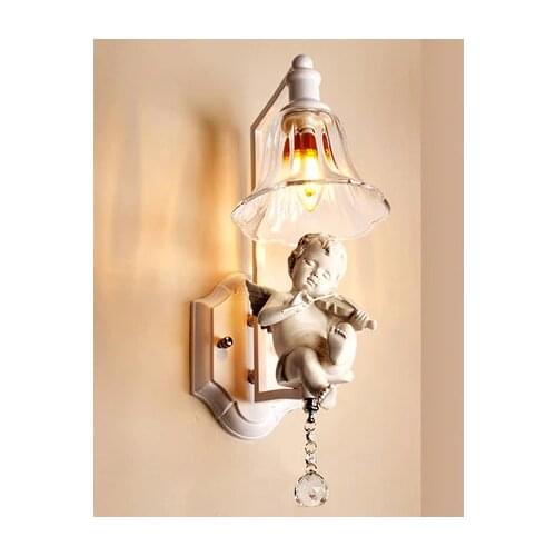 Creative Pastoral White Angel Crystal E14 110/220V Wrought Iron wall lamp Sconce for foyer abajur bedside lamparas bar corridor