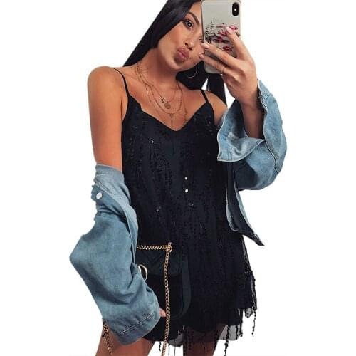 Spring Trendy Women Sexy Sling Fringed Mini V-neck Dresses Sleeveless Sequins Solid Color Glitter Lady Vestidos Party Club Wear