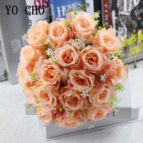 YO CHO Artificial Flower Mini Bouquet 18 Heads Silk Rose Fake Flower Bridesmaid Wedding Bouquet Girl Home Party Wedding Decor