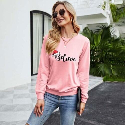 2021 Autumn Christmas T Shirt Women Xmas Loose Long Sleeve Tshirt Women Letter V-neck Tee Shirt Femme T-shirts For Women Pink