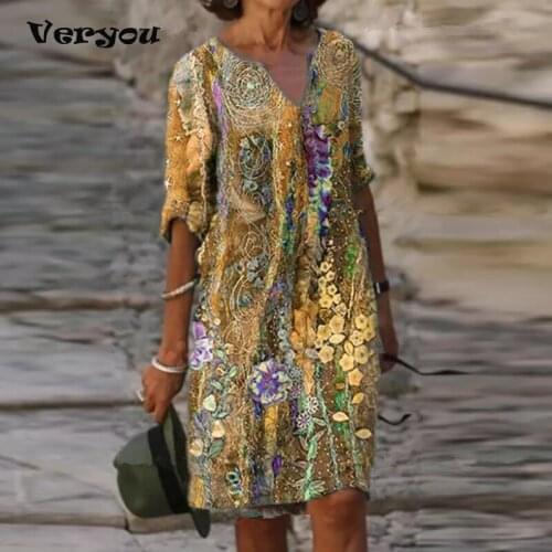 Print Dresses for Women Indie Folk Knee-Length Half Sleeve Retro Dress Women Clothing Vestidos Vintage Elegant Womens Dress