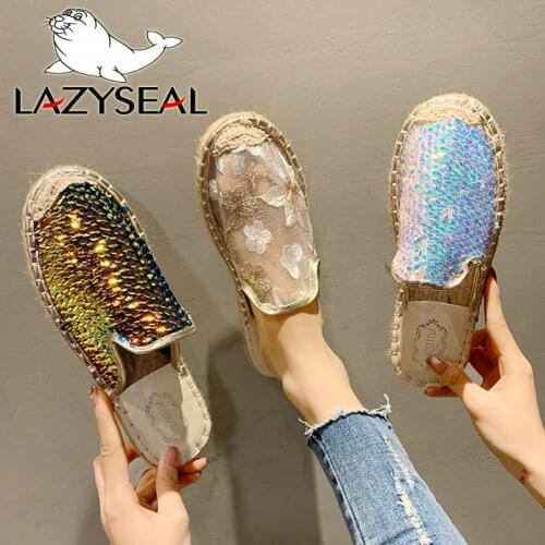 LazySeal Air Mesh Bling Half Slippers Women Mules Fish Scales Slides Woman Shoes Hemp Flat Heel Shoes Women Cotton Fabric Shoes