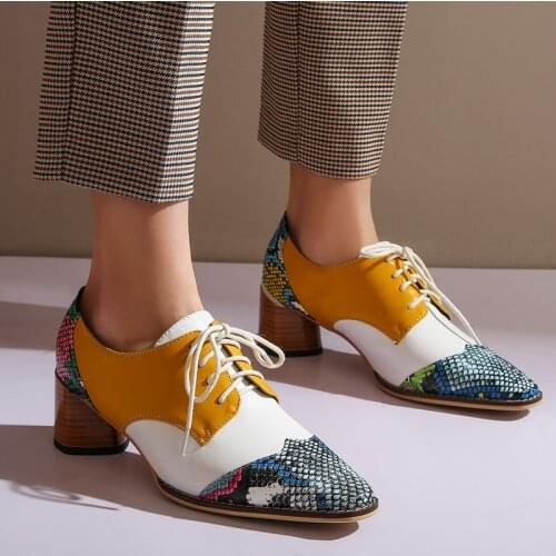 COOLULU 2020 Women Oxford Shoes Snake Print Lace Up Pumps Stacked Mid Heel Square Toe Pumps Casual Ladies Pumps Size 34-43