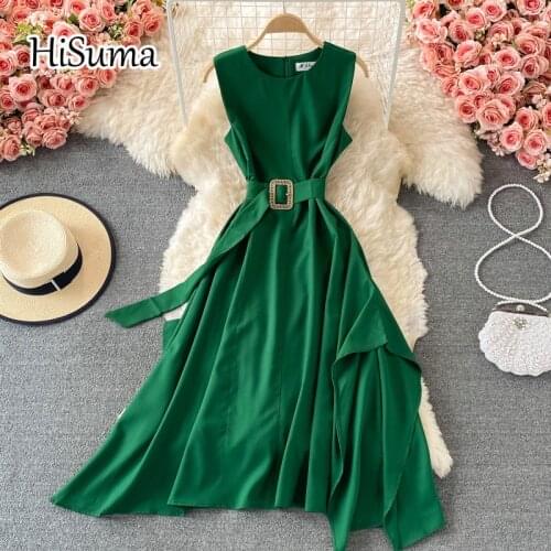 2021 summer new women O-neck sleeveless waist irregular chiffon dress female retro Chic elegant party dresses