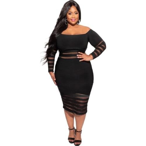 2021 Summer New Woman Dresse Plus Size Womens Sexy Hip Solid Black Pencil Knee-length Knitting Guaze Slash Neck Dress