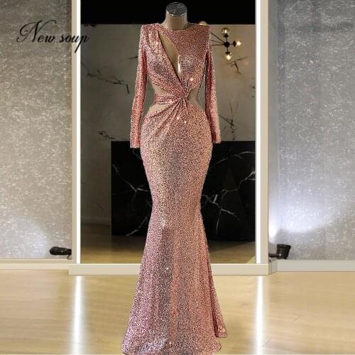 Formal Rose Sequins Evening Desss With Mermaid Robe De Soiree Turkish Kaftans Sexy Prom Dresses Dubai Party Celebrity Gowns 2021
