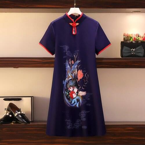 2021 Chinese Cheongsam Style Womens Summer Vintage Short Sleeve Dress Navy Blue Comic Print Daily Modern Fashion Female Dresses