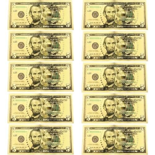 10pcs USA 5 Dollar Gold Foiled Platsic Banknote Bill Fake Money United States OF America Replica Coin Souvenirs Drop Shipping