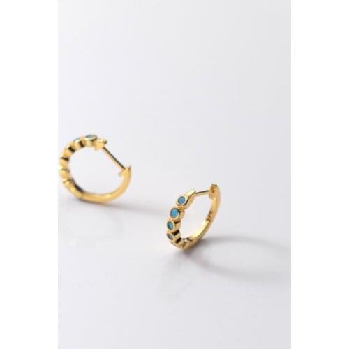 Authentic Real 100% 925 Sterling Silver Piercing Blue turquoise Round Ear-Bone Hoop Huggie Earrings Charms C-G9595