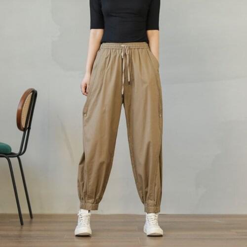Summer Thin Harlan Nine-point Casual Pants Elastic Waist Loose Women Cargon Pants High Waist Draw String Female Lantern Pants