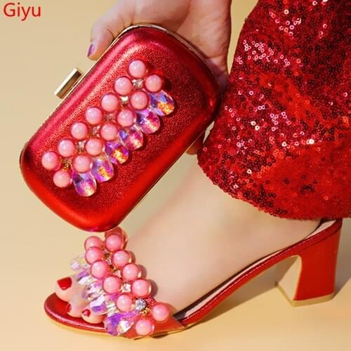 Doershow beautiful Shoes and Bags To Match Shoes with Bag Set Decorated with Rhinestone Nigerian Women Wedding Shoes set! HBE1-6