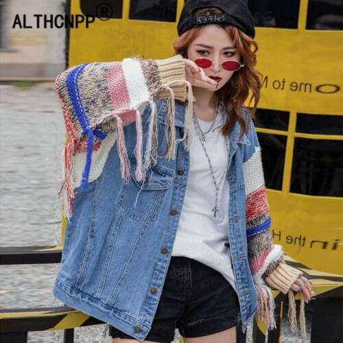 Oversized Jeans Jacket Women Korea Loose Bf Color Wool Tassel Knit Stitching Sleeve Harajuku Cardigan Coat Denim Jacket Female