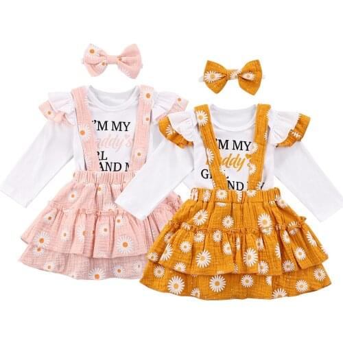 FOCUSNORM 0-18M 3pcs Baby Girls Autumn Clothes Sets Letter Printed Fly Long Sleeve Romper+Flowers Suspender Skirt Headband