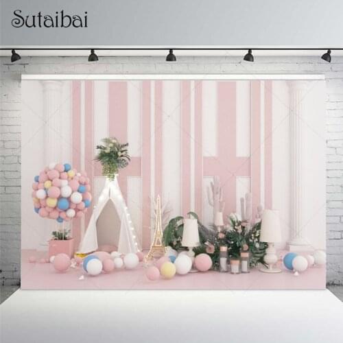 Baby Shower Birthday Photo Background Tropic Plant Cactus Pink Hot Air Balloon Interior Child Photocall Photographic Backdrops