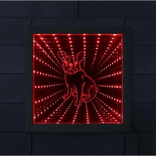 French Bulldog Color Changing Infinity Mirror Wall Art Light Frenchie Dog Breed Lighted Mirror Wood Frame Infinite LED Tunnel