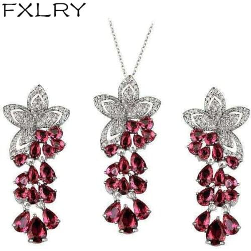 FXLRY New Fashion Woman Red Zircon Flower Elegant Wedding Earrings And Necklaces Jewelry Sets