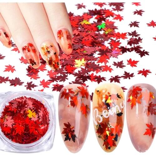 Holographic Leaves Sequins Ultra-thin PET Paillettes Yellow Red Sequin Nail Glitter Flakes Fall Maple Nail Art Decorations 8g