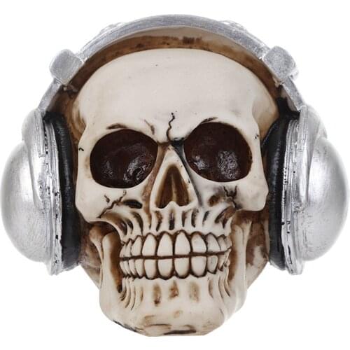 Moquerry Resin Human Head Skull with Headset Simulation Skull Shape Craftwork Gifts Skull Home Decoration Skull Craft Halloween