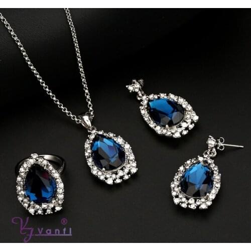 Kfvanfi rhinestones silver color jewelry sets water drop blue crystal zinc alloy ring necklace drop earrings jewellery female