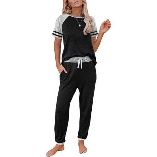 Summer Casual Sets Women Two Piece Contrast Color Patchwork Striped Short Sleeve Drawstring Trousers Slim Pants Suit