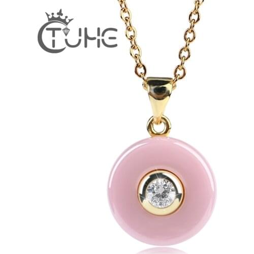 Circle Round Pendant Necklace Plus Big Crystal CZ for Women Rose Gold Color Romantic Ceramic Women Necklace Jewelry