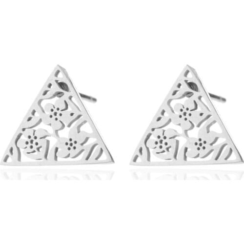 Cute Tiny Stainless Steel Cherry Blossom Stud Earrings Triangle Flower Stud Ear Pin Jewelry For Women Girl Wedding Female Gift