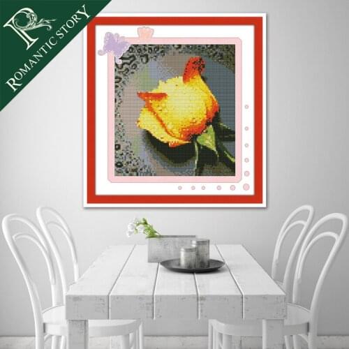 Romantic Story Yellow Rose Flower Decorations Cross Stitch Needlework DIY 11CT Printing Cross Stitch Sets For Embroidery Kits