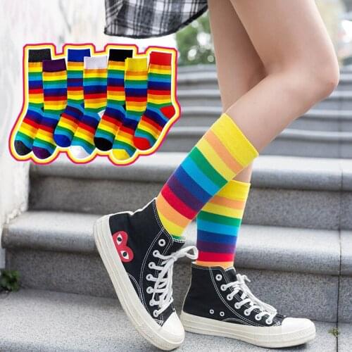 New Products Ladies Daily All-match Rainbow Series Simple Breathable High-quality Cotton Womens Mid-length Tube Socks