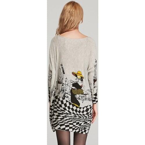 New Autumn Knitted Slash Neck Loose Pullover Sweater Women Long Batwing Sleeve Printted Sweaters Female Tops LX1835