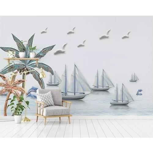 Beibehang Custom wallpaper Modern high quality Silk material 3D embossed Mediterranean sailboat Coconut tree 3d wallpaper mural